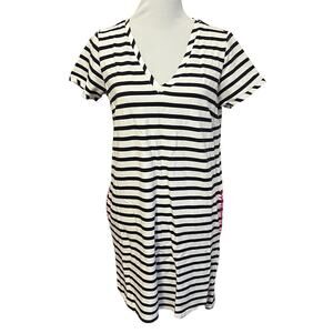Gallabia Terry Tunic Dress •M• Short Sleeve Striped Embroidered Pink Cream Navy